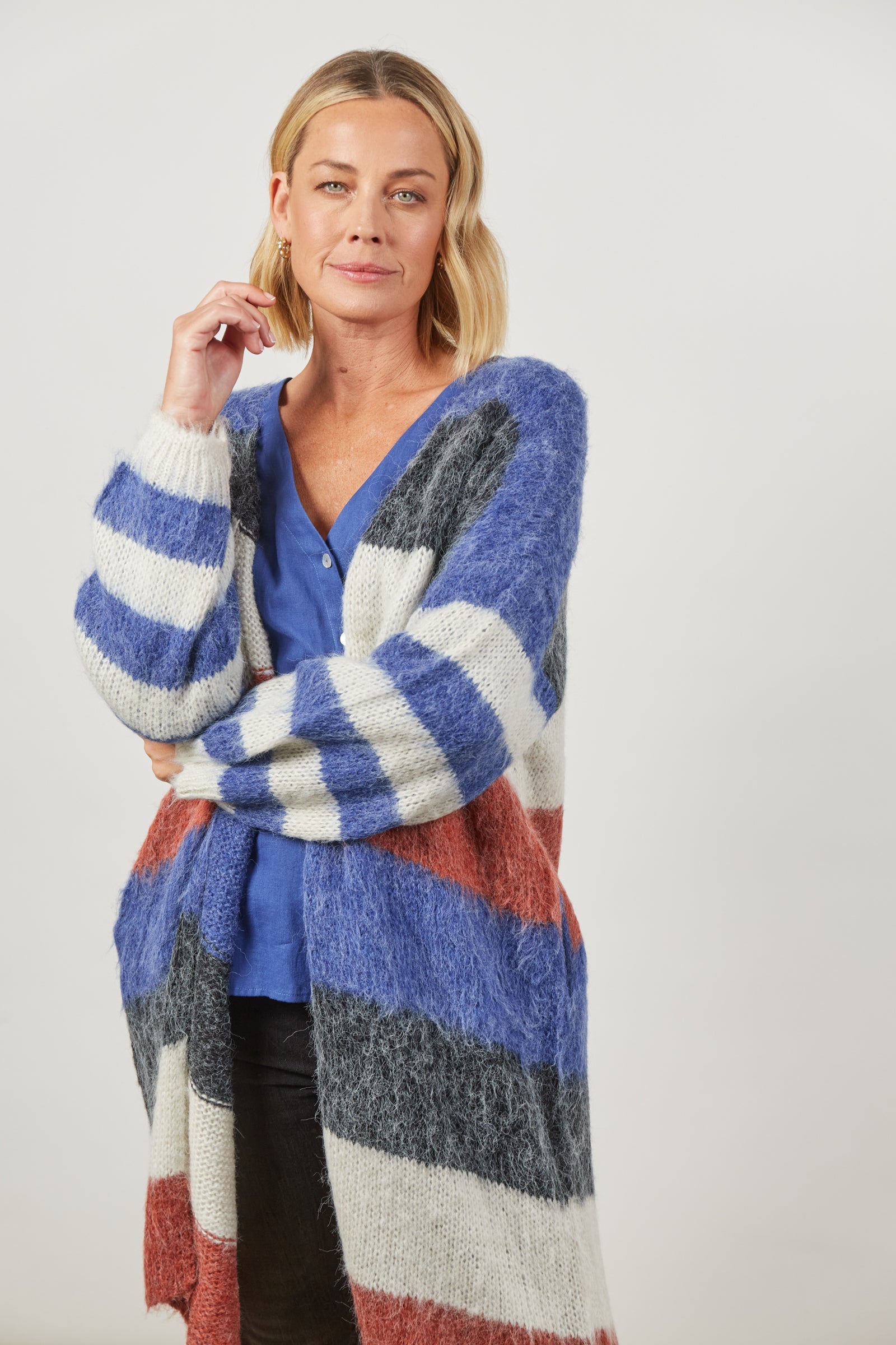 Serene Stripe Cardigan - Azure Stripe - Isle of Mine Clothing - Knit Cardigan Long One Size