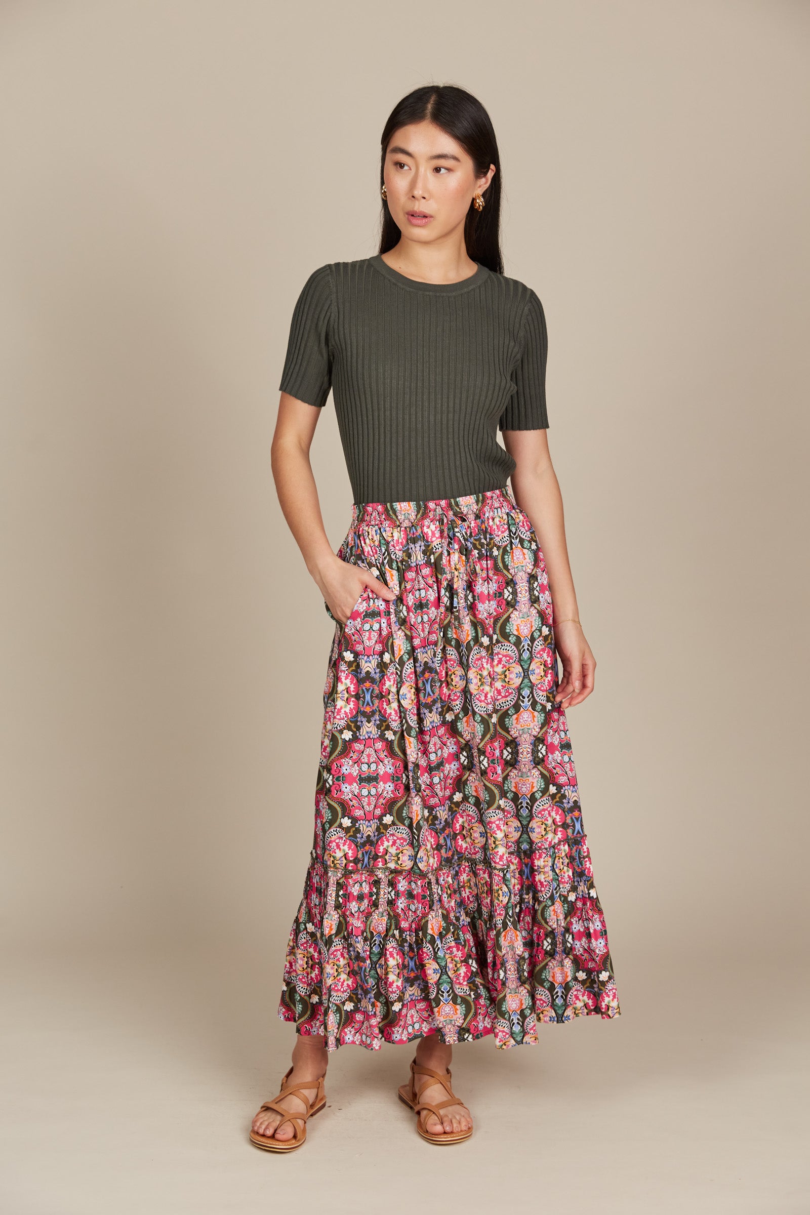 Esme Maxi Skirt - Olive Fleuron