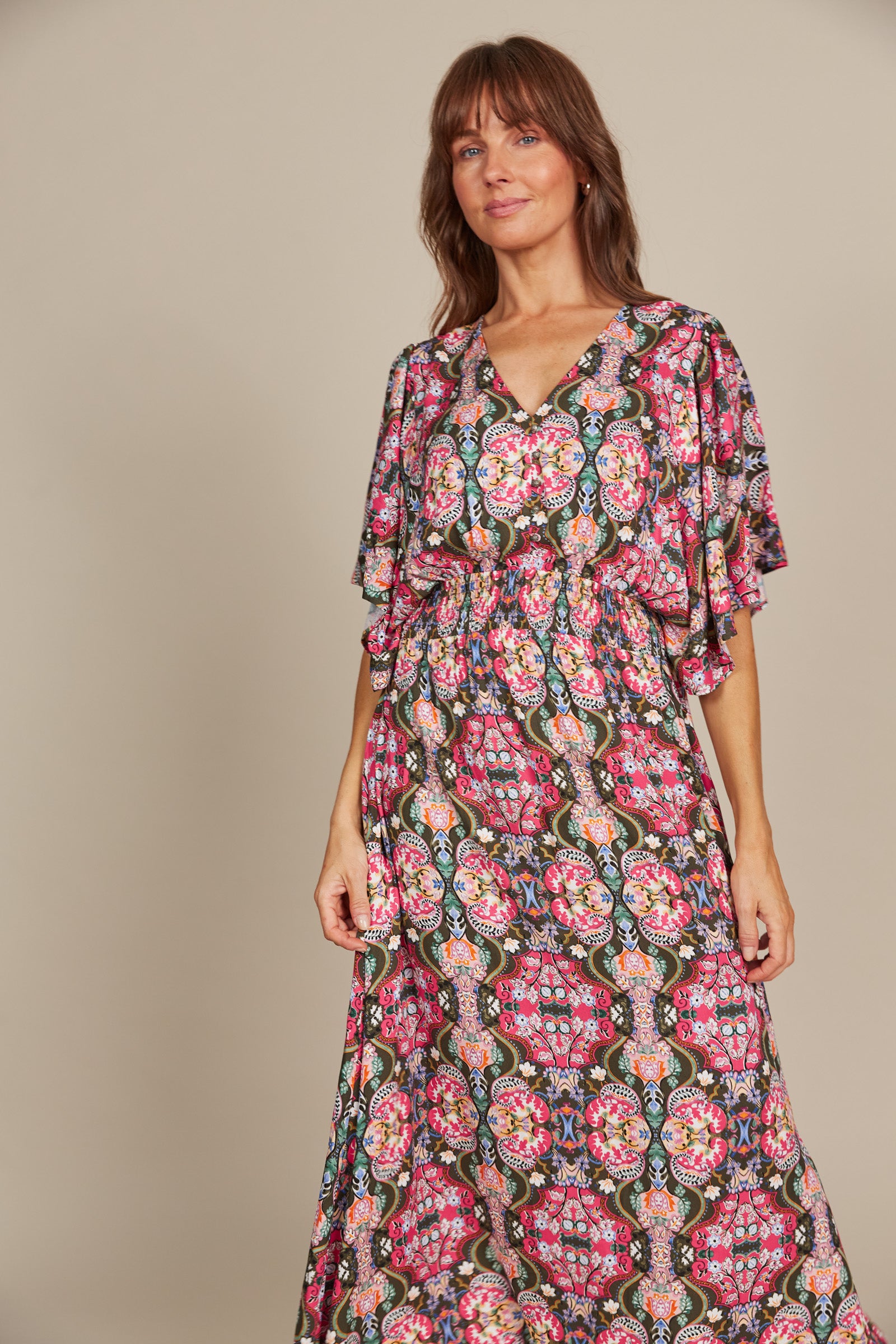 Esme Button Dress - Olive Fleuron