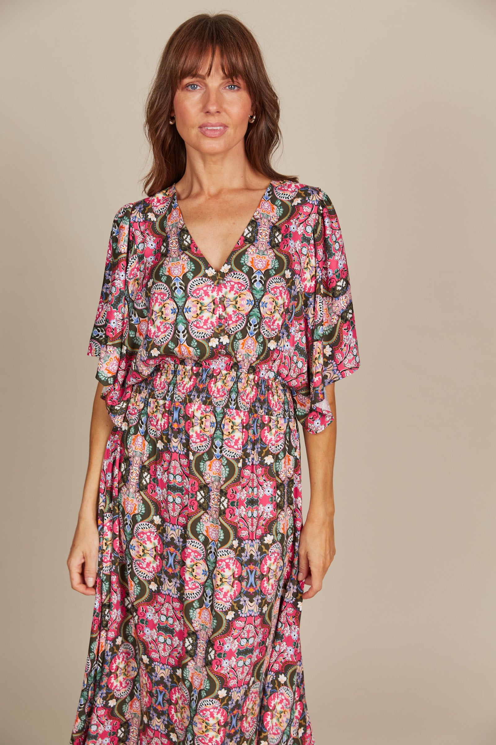 Esme Button Dress - Olive Fleuron