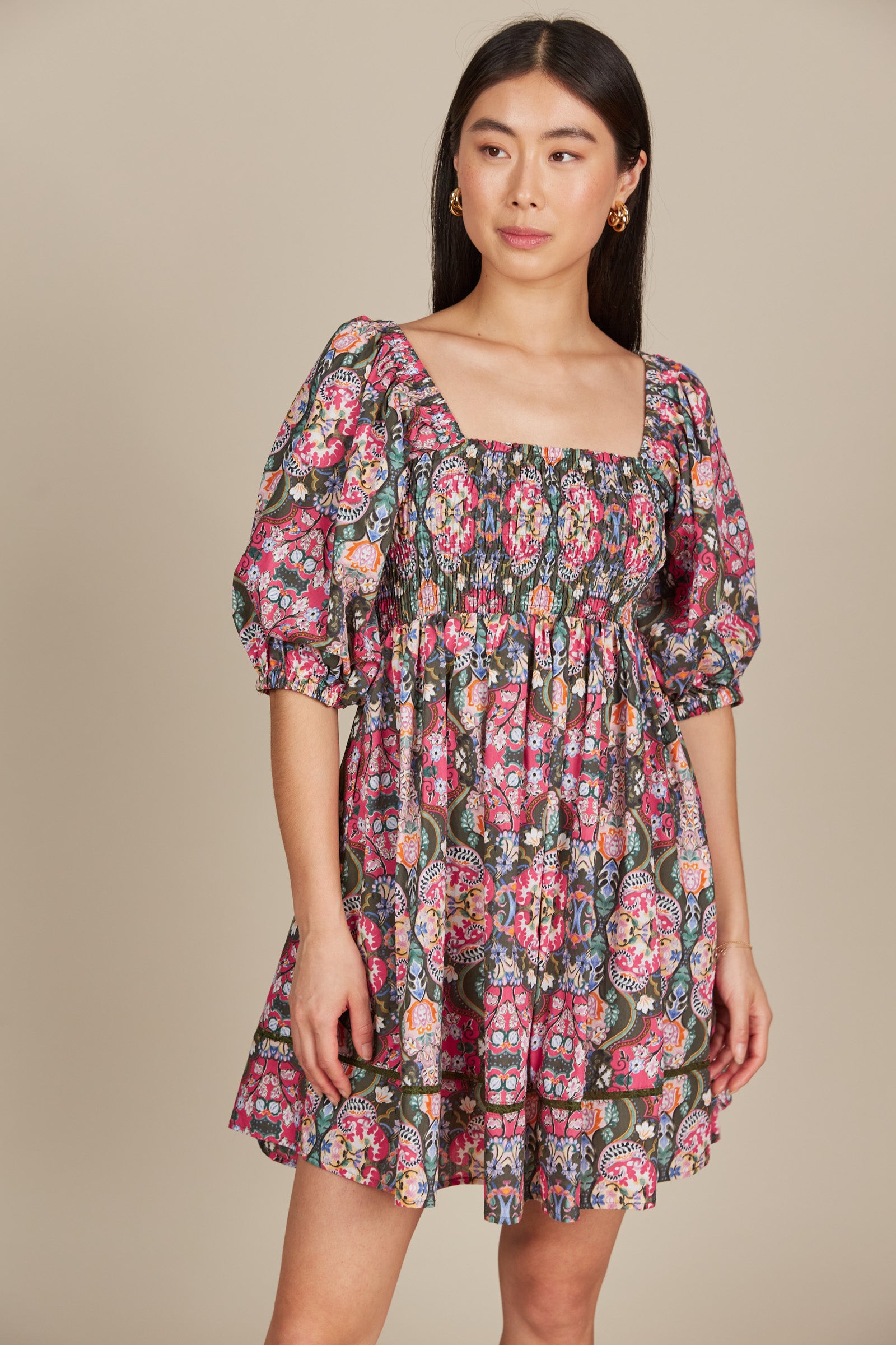 Remi Mini Dress - Olive Fleuron
