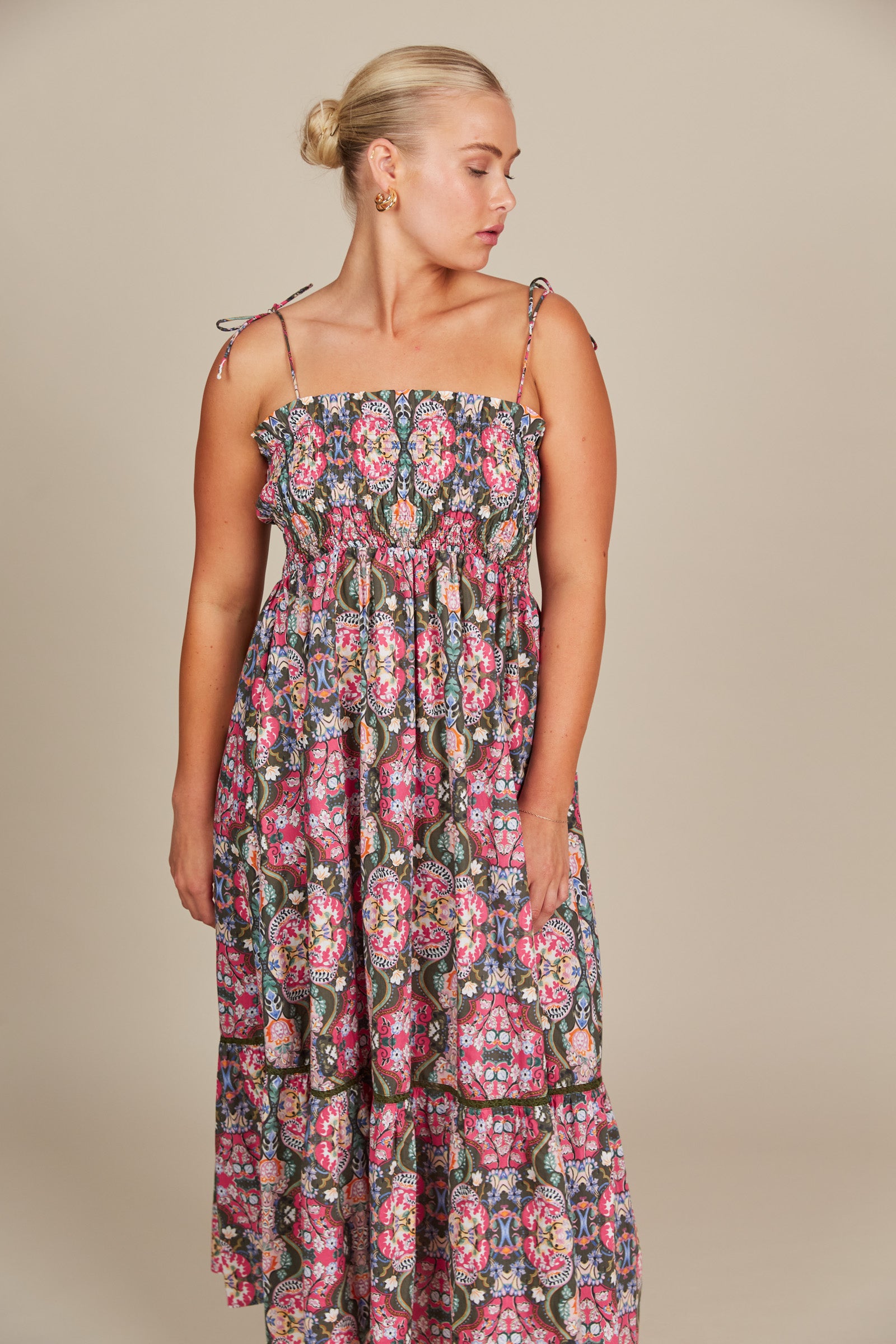 Remi Shirred Maxi - Olive Fleuron