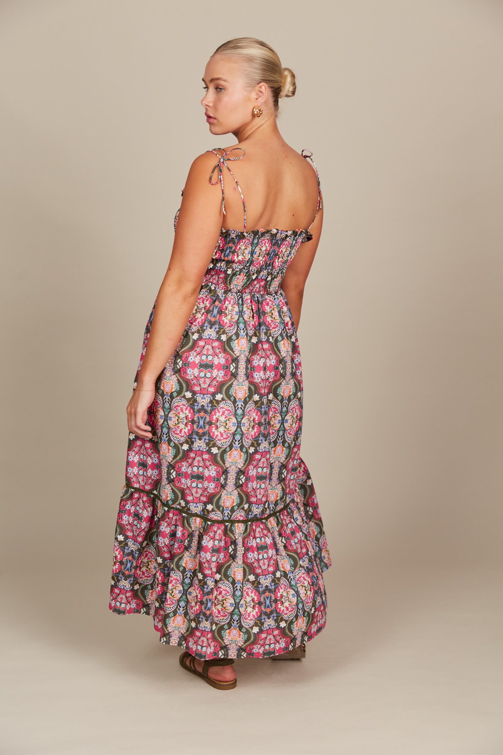 Remi Shirred Maxi - Olive Fleuron