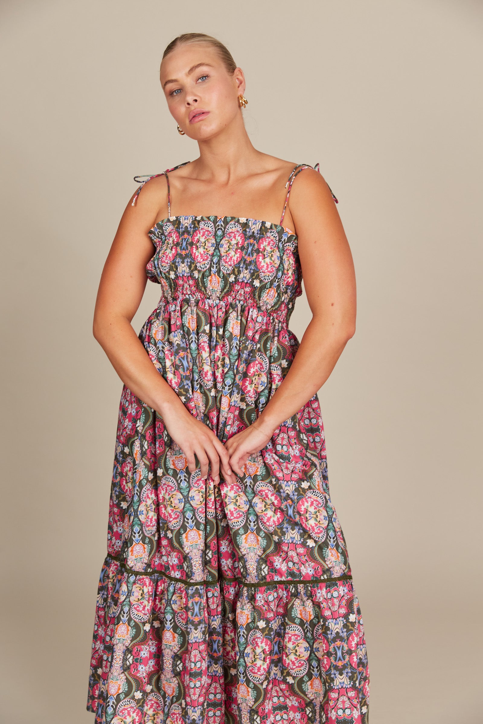 Remi Shirred Maxi - Olive Fleuron