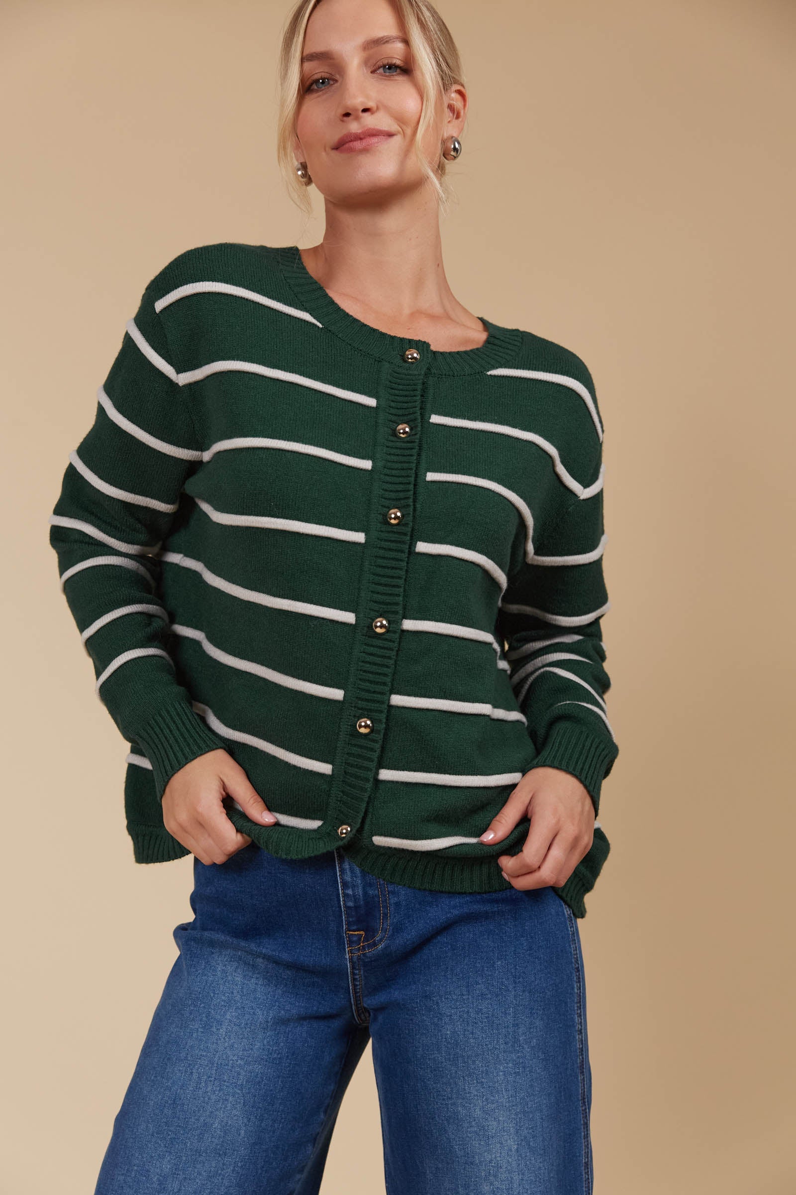 Juno Stripe Jumper/Cardigan - Pine